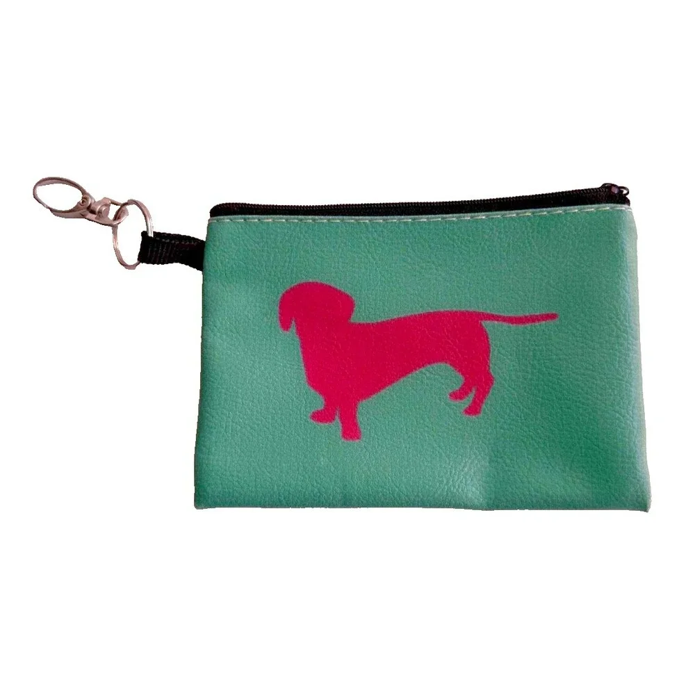 Pink Dachshund Coin Wallet Green Zip‎ Pouch Keychain Wiener Dog Card Case Clip